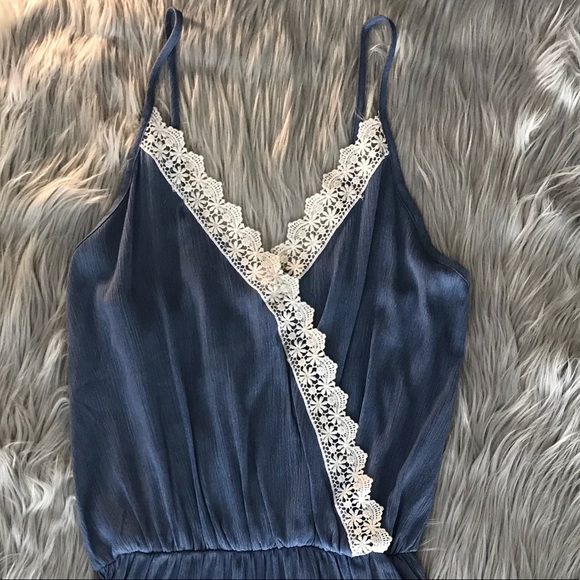 Denim Inspired Romper With Crochet Detail - Picture 2 of 4